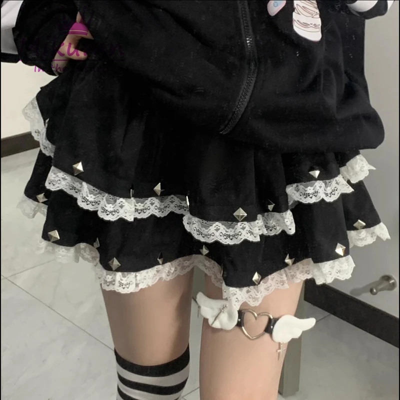 

Gothic Lolita Cake Mini Skirt Japanese Harajuku Punk Girls Kawaii Pleated Skirt Y2k Women Sweet Lace Rivet Ball Gown Short Skirt