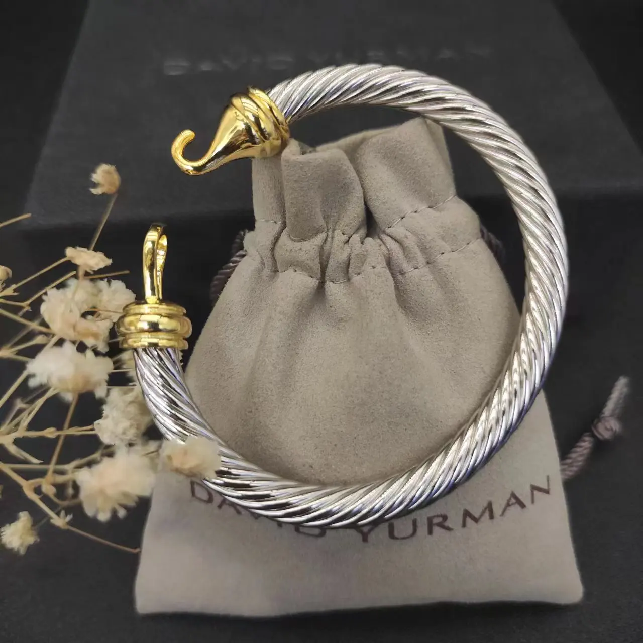 

May High Quality Men's Bracelet DY 7MM Cable Classic BuckleBracelet with 14k Gold 925 Sterling Silver Free Shipping