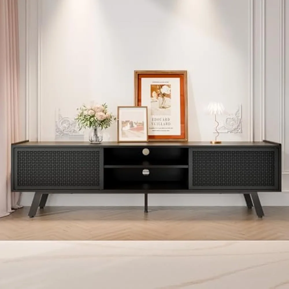 Black TV Stand for 65 70 Inch TV, Modern Iron Rattan TV Console with Sliding Door, Entertainment Center with Storage 6