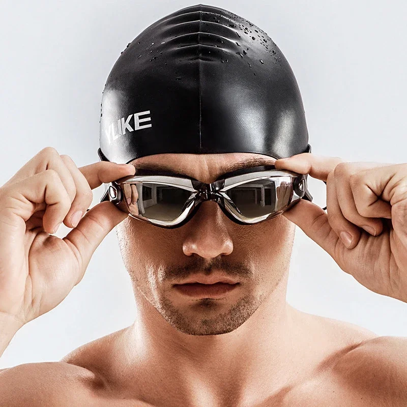 Swimming Goggles with Earplugs Adult Waterproof Fog-proof Swimming Glasses Unisex Electroplated Large Frame Swim Eyewear