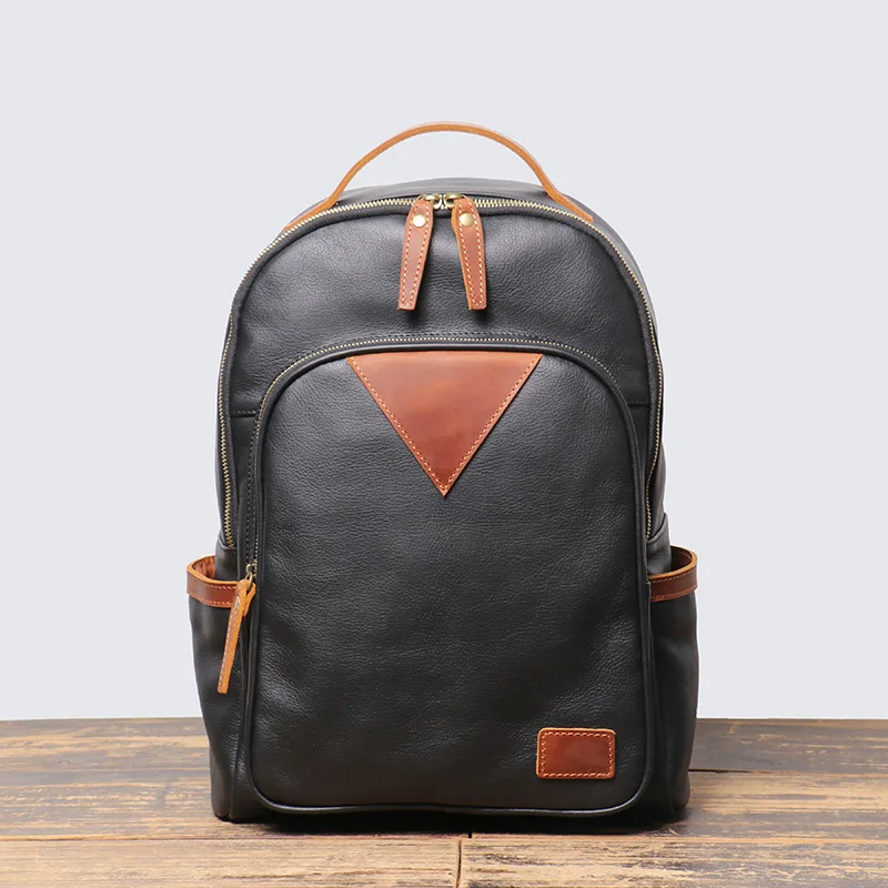 Men's Soft Genuine Leather Backpack Large Capacity Laptop Bag for Commute & Travel, Durable Two-Tone Casual Daypack
