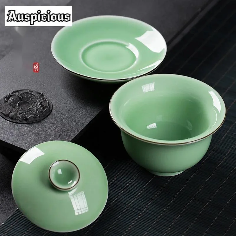 220ml Handmade Longquan Celadon Gaiwan Traditional Tea Brewing Cup Tea Tureen Making Cover Bowl Drinkware Decoration Gifts