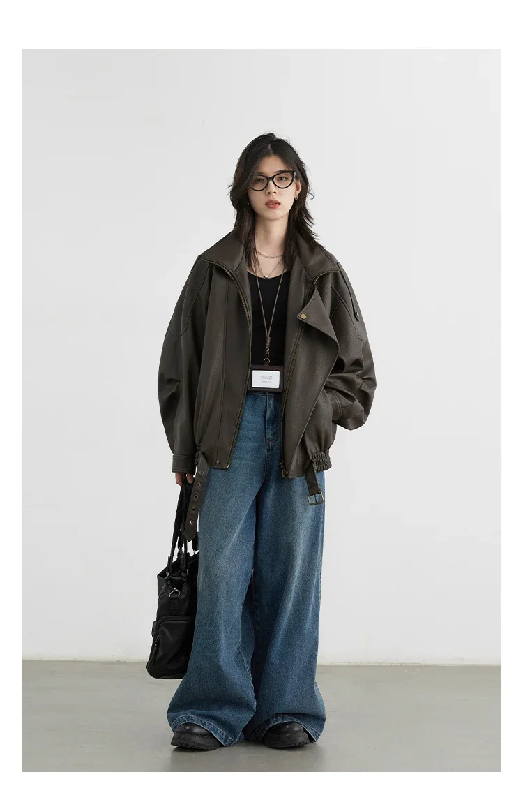 CHIC VEN Women PU Jacket New Loose Retro Motorcycle Faux Leather Quilted Coat Female Overcoat Thick Warm 2025 Spring Autumn Top