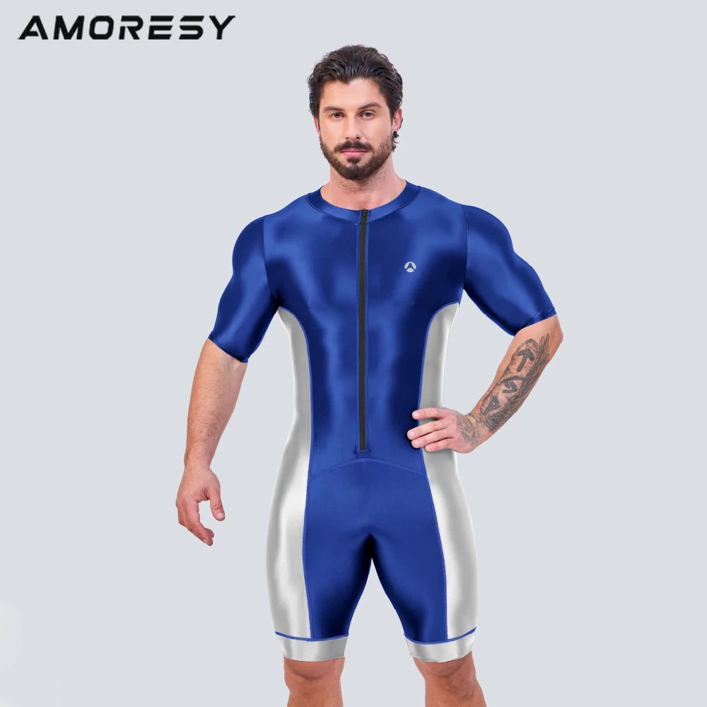 Men Satin Glossy Oil Catsuit Swimming Running Half Sleeve Bodysuits Racing Cycling Tracksuits Overalls Fitness Jumpsuits AMORESY sports suit