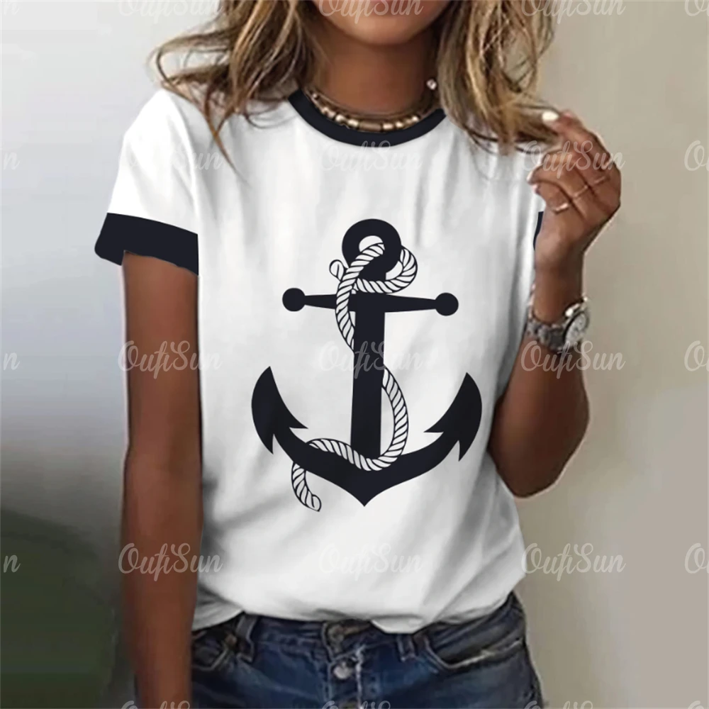 

Women's T Shirt Ship Anchor Print Summer Casual Short Sleeve 3d T Shirts Streetwear O Neck Pullover Oversized Female Clothing