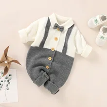 

Newborn Baby Boys Gentleman Romper Sweater Long Sleeve Knitted Jumpsuit Formal Button Down Clothes Fall Winter