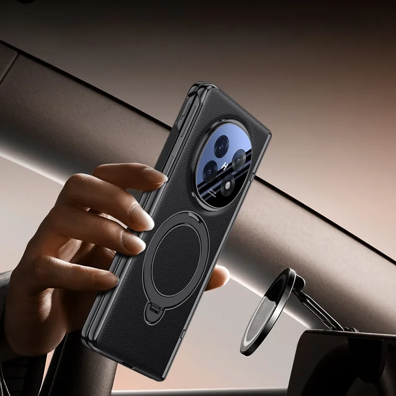 Luxury Leather Folding Case with Magnetic Rotating Ring Holder & Privacy Glass