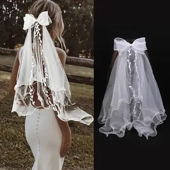 Velo da sposa in tulle a due strati, semplice ed elegante, con fiocco e bordo in pizzo, con clip, per la cerimonia nuziale.