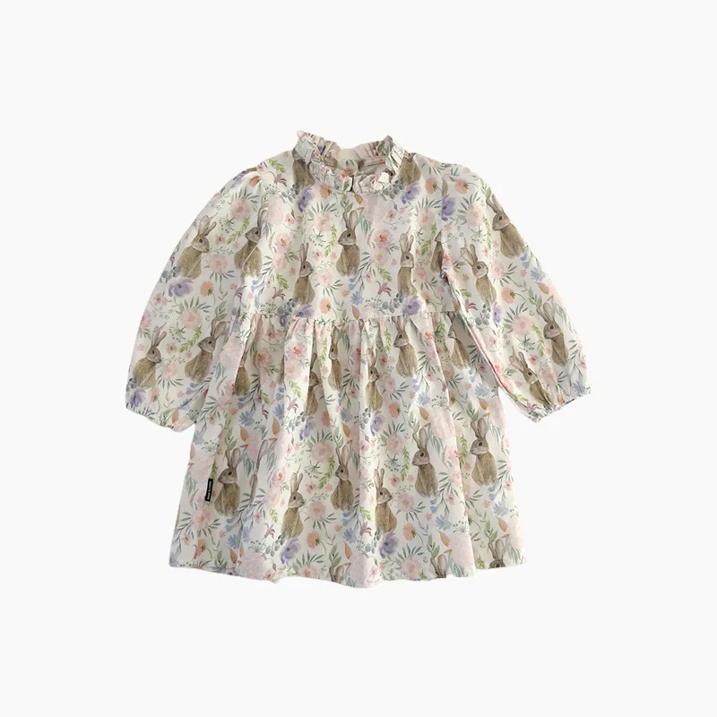 

Girls' Dress Spring and Autumn 2023 New Korean Version of Children's Long-sleeved Puffed Sleeve Flower Cartoon Princess Dress