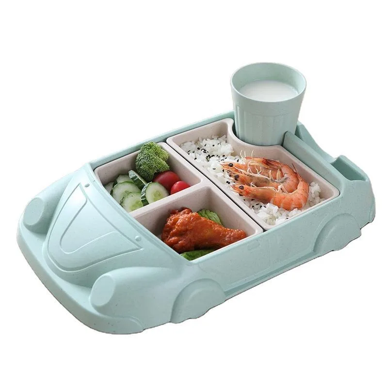 Creative children's car bamboo fiber baby food feeding tray food grade cartoon baby anti fall bowl, partition box, lunch box set