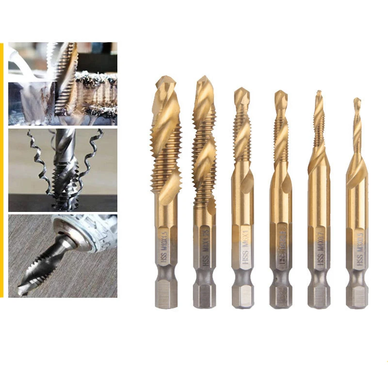 

6pcs M3-M10 Screw Tap Drill Bits Hss Taps Countersink Deburr Set Metric Combination Bit High Speed Steel 1/4 IN Quick Change Hex