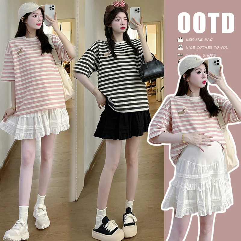 B74001# Maternity Clothes T Skirts Women Short Sleeve Stylish New In Matching Sets Striped Summer Arrival 2 Pcs Clothing