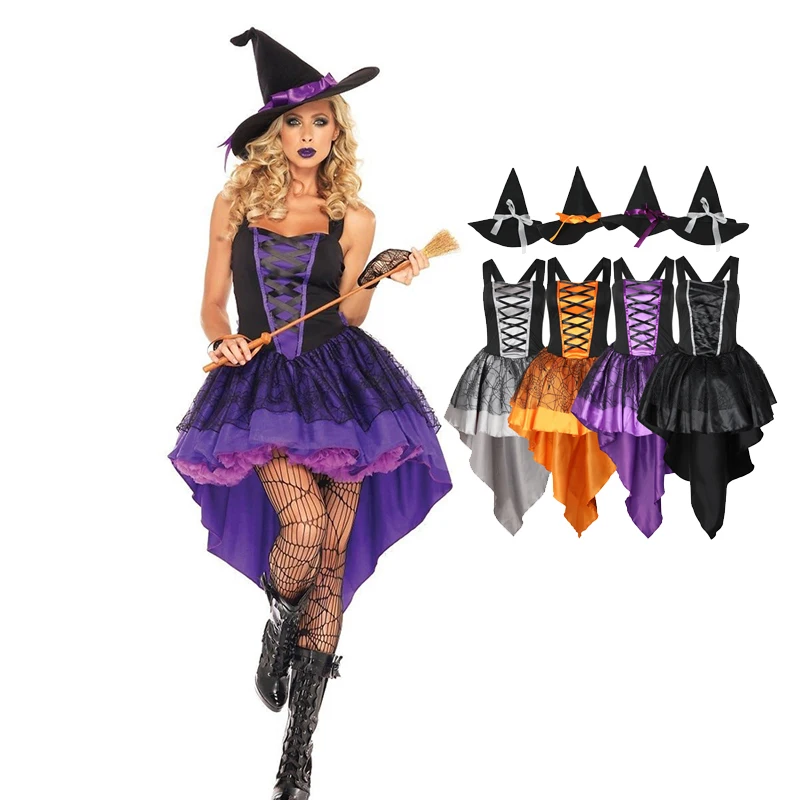 Carnival Halloween Lady Multicolor Tuxedo Witch Costume Carino Elegante Crape Magic Maga Playsuit Cosplay Fancy Party Dress