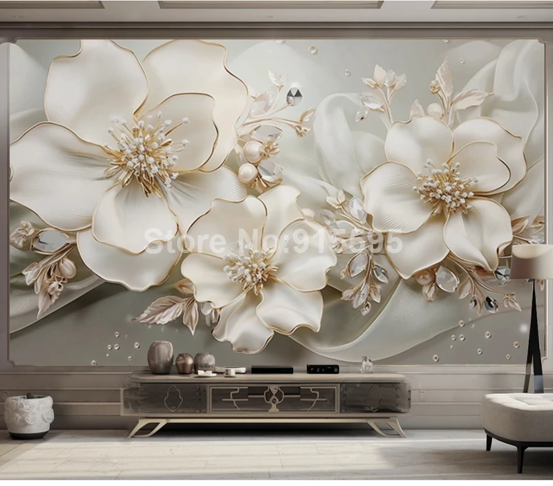 3D Em Relevo Flores Jóias Papel Mural,