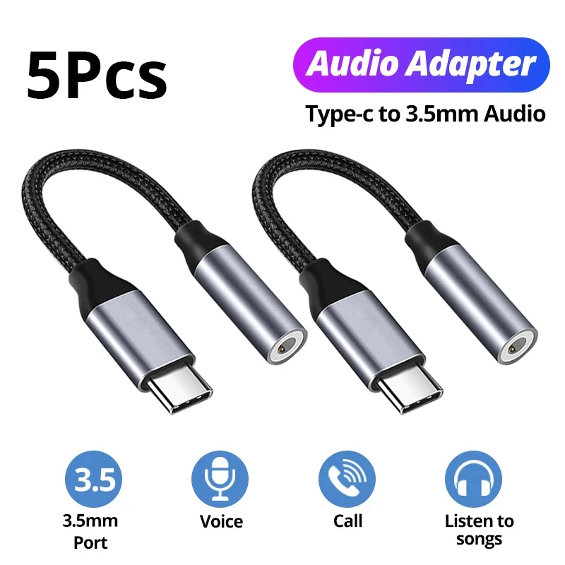USB Type C 3.5 Jack Earphone Adapter USB C to 3.5mm Headphones AUX Audio Adapter Cable 5pcs