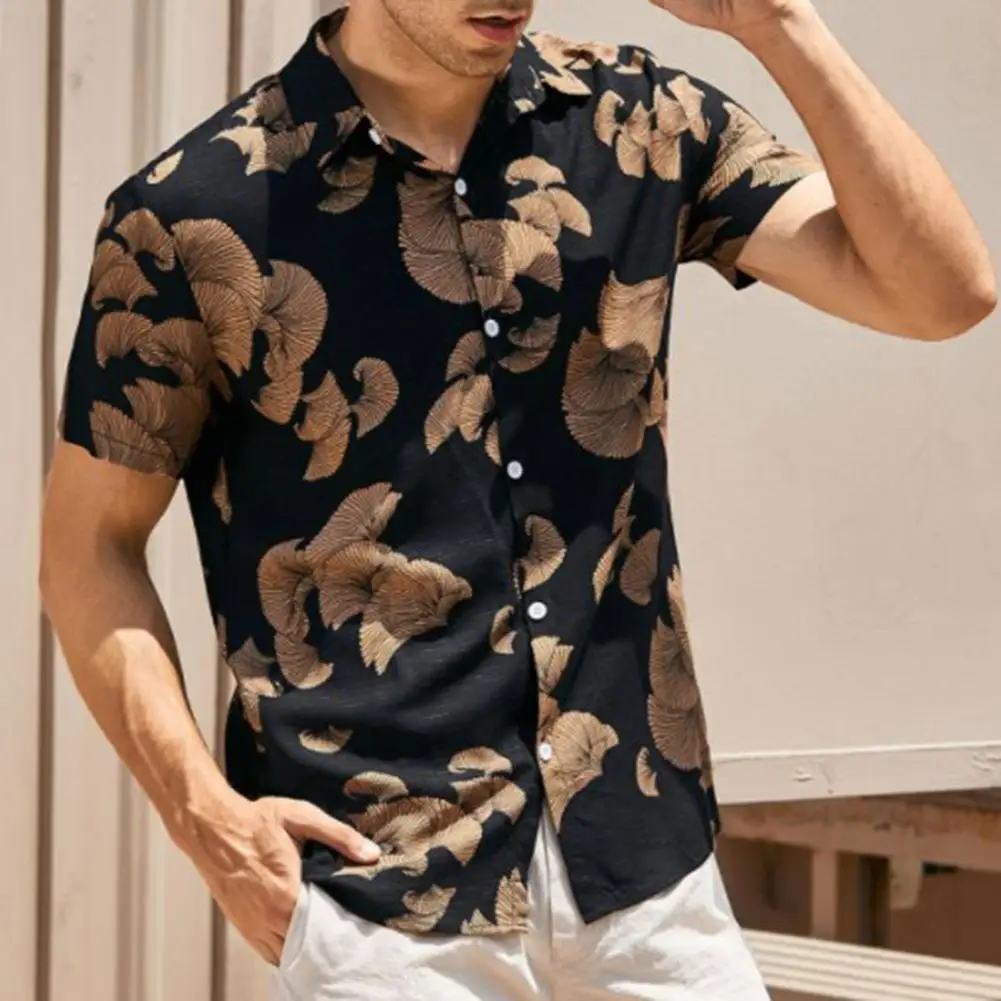 

Summer Lapel Shirt Colorblock Printed Men's Spring Shirt with Single-breasted Design Loose Fit Turn-down Collar Casual for Beach