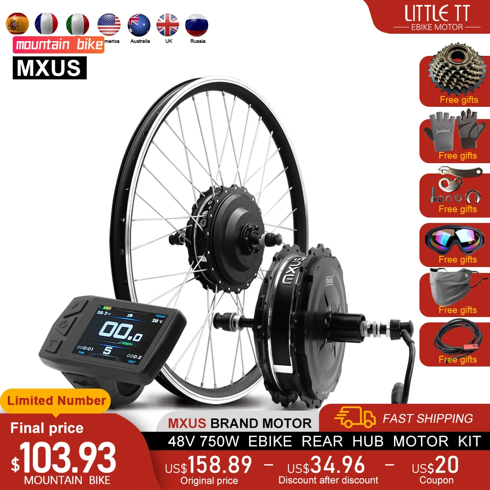 MXUS Brand Ebike Conversion Kit 48V 750W E-bike Brushless Rear Hub Motor Wheel 20-29Inch 700C For Electric Bike Conversion Kit