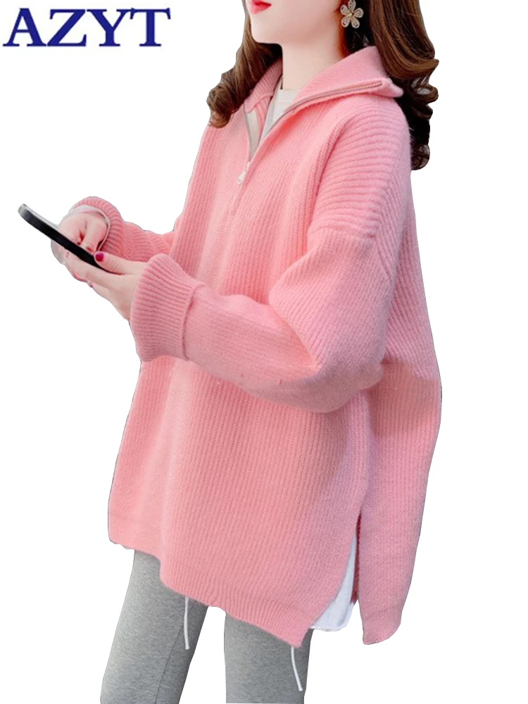 

Свитер женский зимний на молнии с воротником-стойкой и разрезом