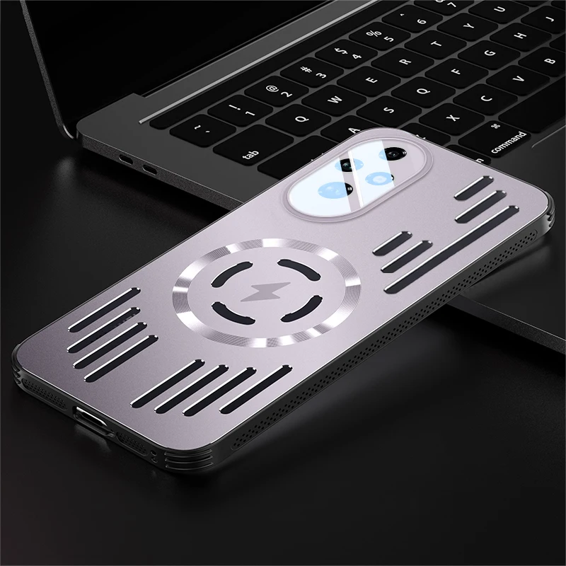 Luxury Magnetic Wireless Charging Smart Case with Hard Metal Heat Dissipation Back Cover