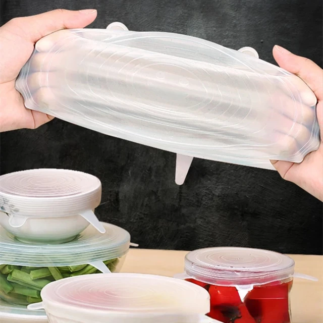 6 piezas de tapas de silicona para conservación de alimentos frescos, reutilizables, elásticas, para enlatar, para refrigerador, microondas, envoltura de plástico hermética, accesorios de cocina - Image 5
