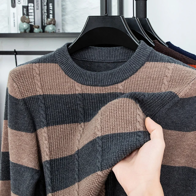 Suéter de punto de lujo para hombre, jersey a rayas de manga larga con cuello redondo, moda informal clásica, versátil y cálida para otoño e invierno