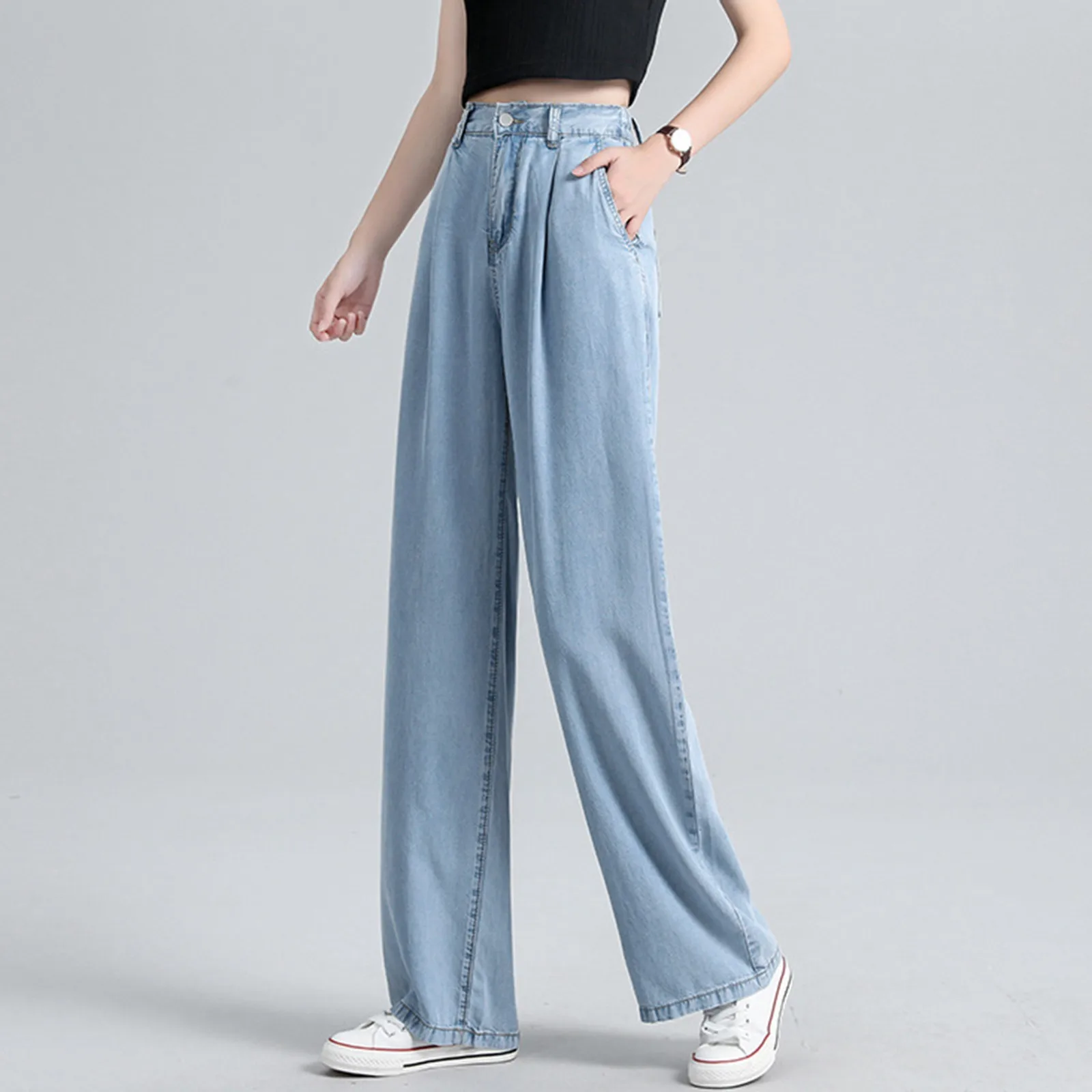 2023 Women Tall Waist Summer Leisure Elastic Beach Pants Pocket Thin  Section Height Comfortable Wide Leg Pants Casual Elastic - AliExpress