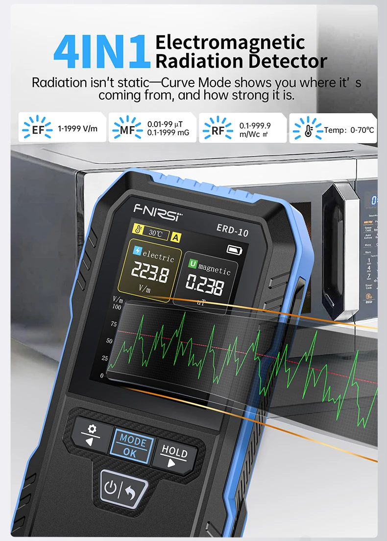 ERD-10 4-in-1 EMF Radiation Detector Electric Magnetic RF Power Temp Meter Radio