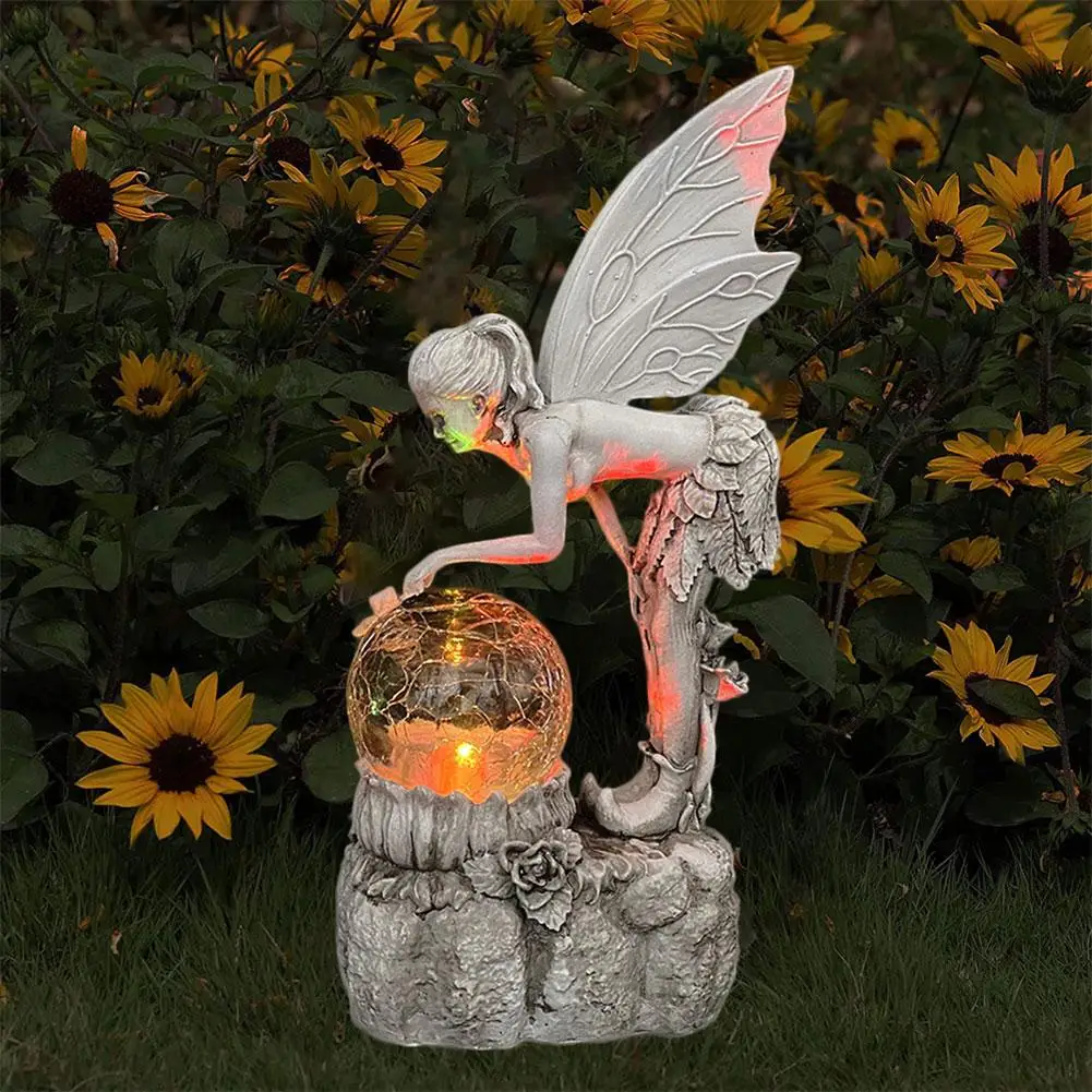 

New Flower Fairy Ornament Home Garden Sculpture Crystal Resin Statue Craft Lamp Solar Girl Model Ball