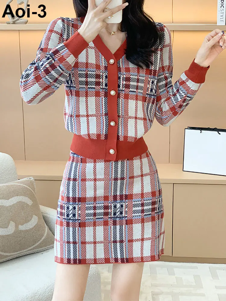 fashion-plaid-knitted-suit-women-23-autumn-winter-new-contrast-color-v-neck-long-sleeve-cardigan-top-a-line-skirt-two-piece-set