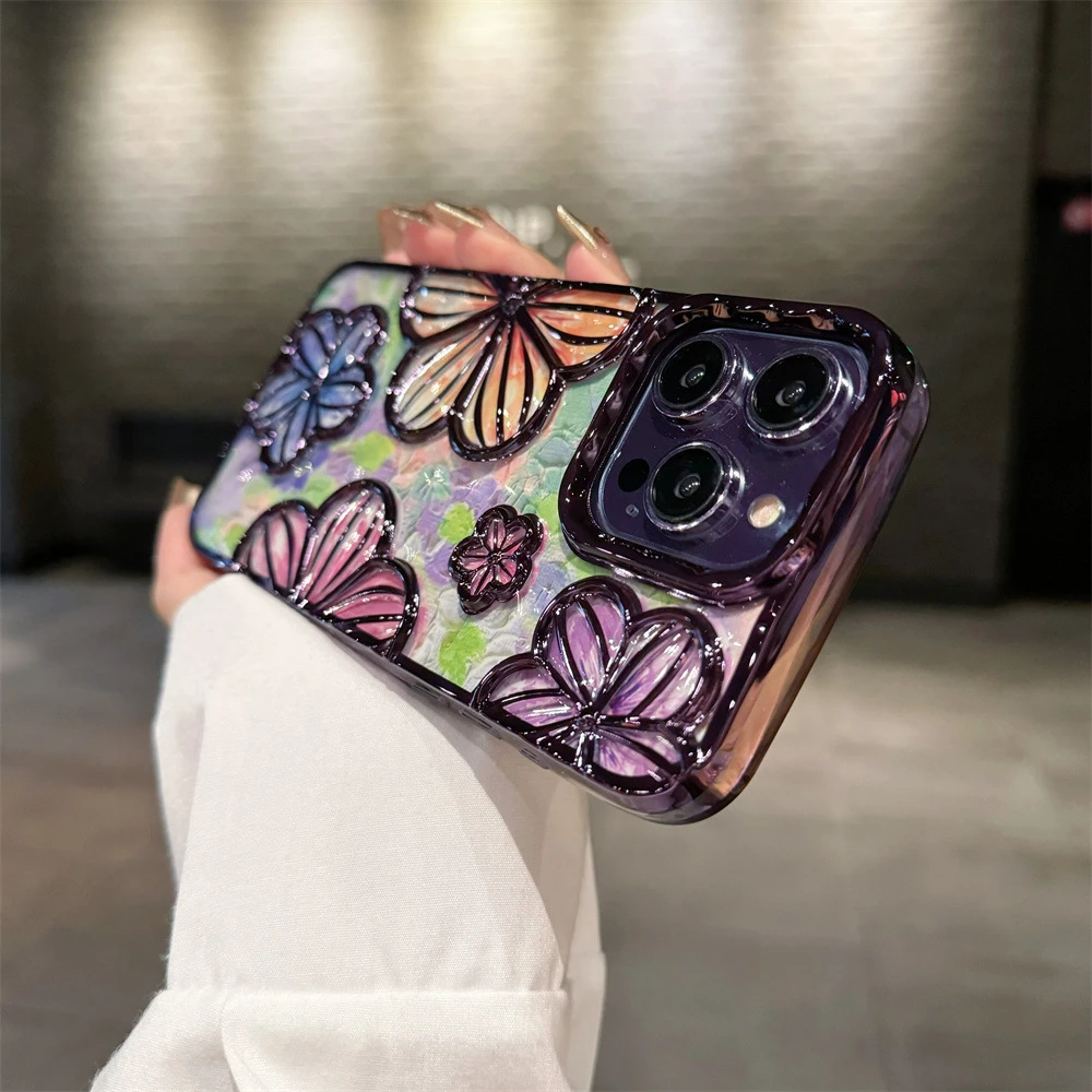 Luxury Plating Colour Fashion Flowers Phone Case For iPhone 11 12 13 14 15 Pro Max Soft Bumper Protector On 14 Pro Cover