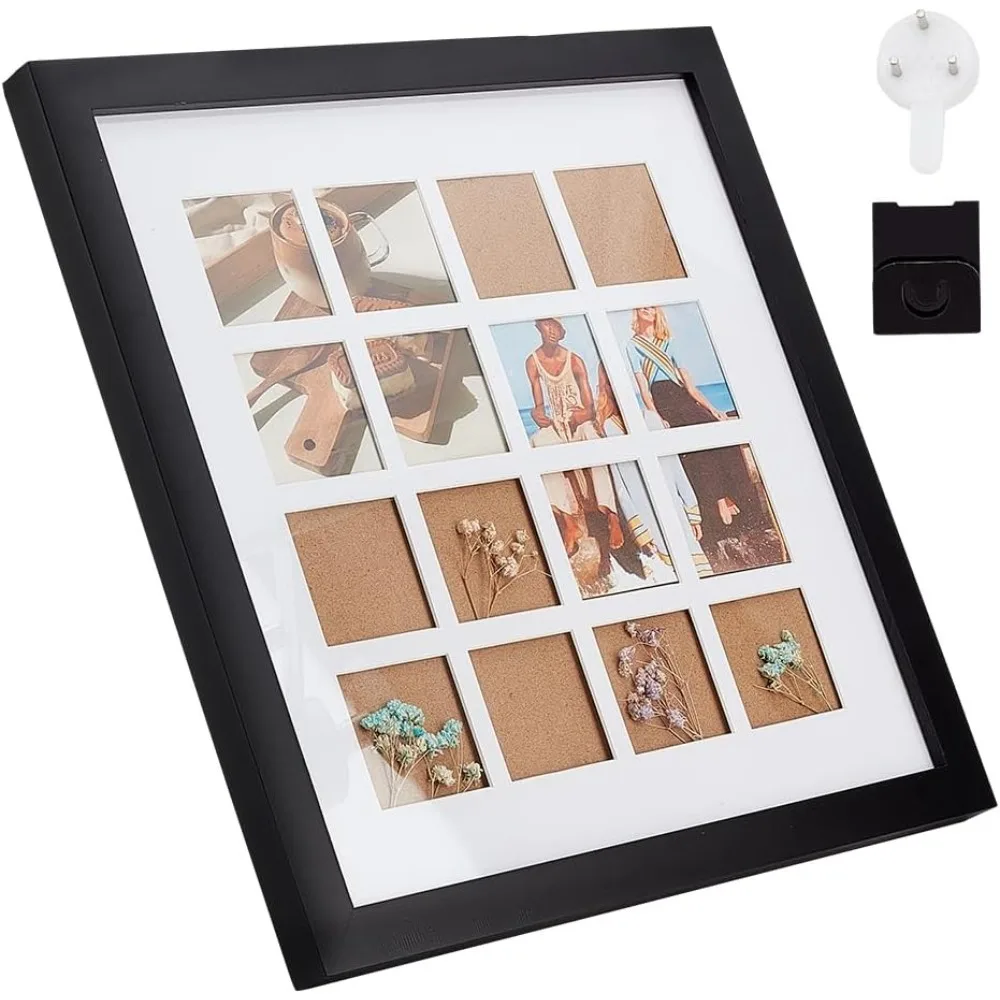 Square Wood Photo Frame Stand Black Picture Frame Display for Hold 16 Photos Multi Photo Frame Display with Clear Window