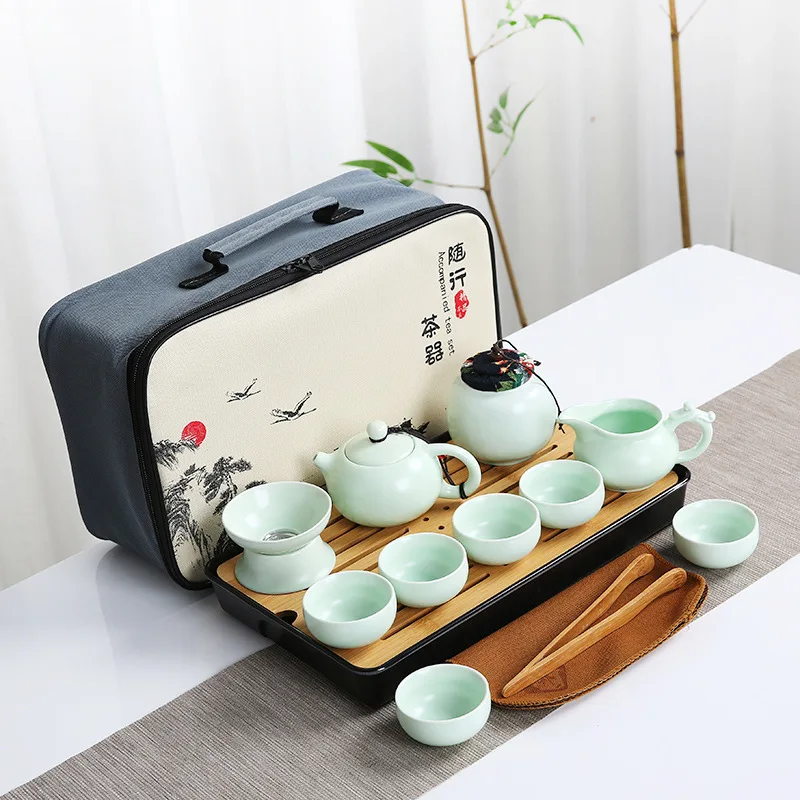 Ding ware travel tea set suit car portable ceramic complete set kung fu tea one pot four cups customizable