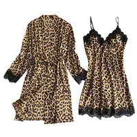Ensemble chemise de nuit et Robe deux pièces, imprimé léopard, Sexy, garniture en dentelle, écharpe, ouvert sur le devant, peignoir, ensemble pyjama, vêtements de détente 2