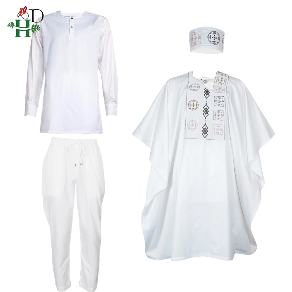 African Clothes Robe Embroidery Shirt Pants 3 PCS For Men Muslim Ramadan Thobe