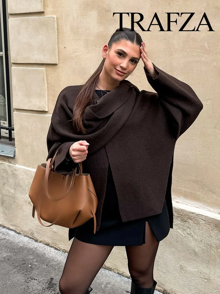 TRAFZA Winter Fashion Asymmetric Scarf Women's Short Knitted Coat Long Sleeve Single Button Loose Women's Elegant Cardigans 3