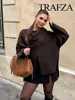 TRAFZA Winter Fashion Asymmetric Scarf Women's Short Knitted Coat Long Sleeve Single Button Loose Women's Elegant Cardigans 3