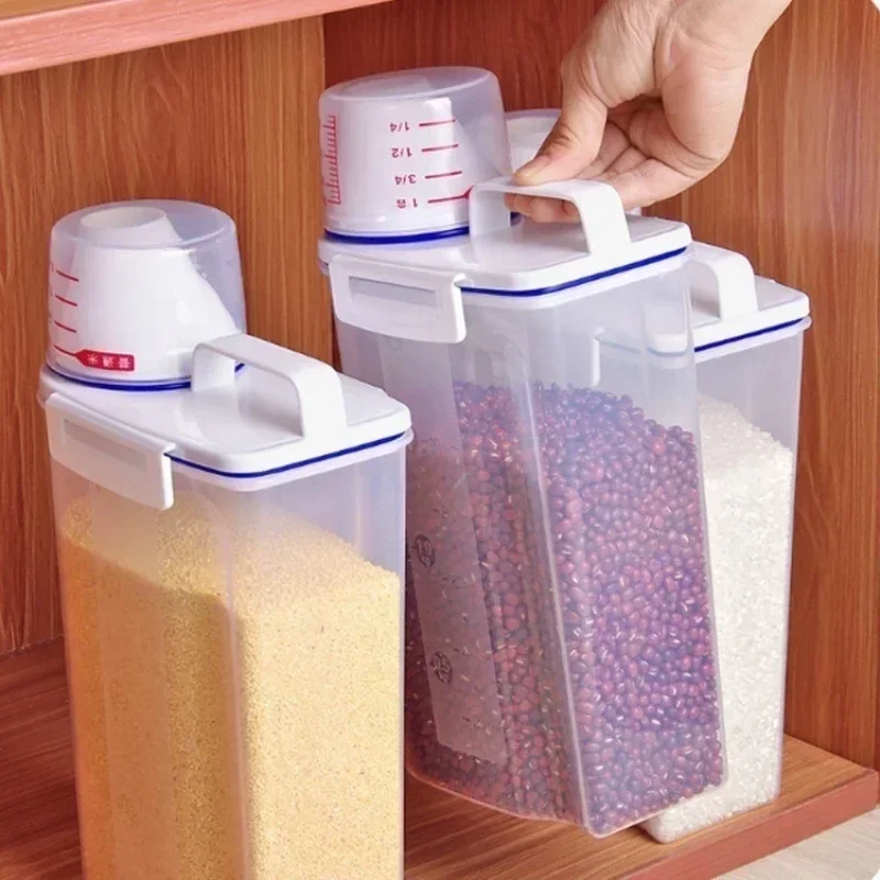Kitchen grain storage box, household kitchen transparent plastic PP food container,rice and flour storage box with measuring cup