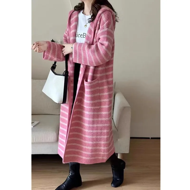 Women Autumn Winter Striped Knitted Sweater Long Sleeve Cardigan