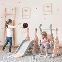 Toboggan pour enfants, toboggan 4-en-1 intérieur/extérieur, aire de jeux pour enfants avec panier de basket, étagère et balançoire, pour enfants, rose, bleu 2