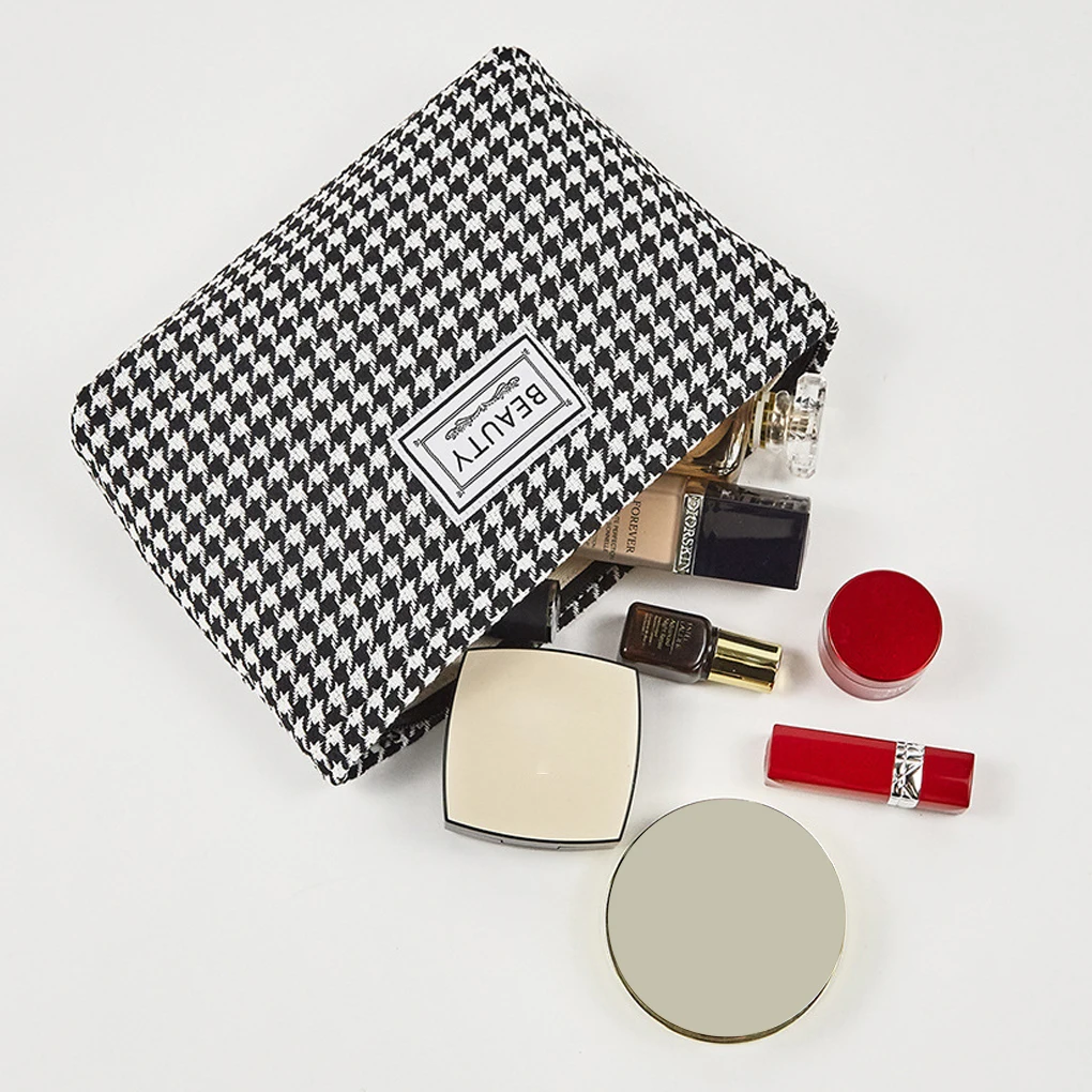 

Makeup Cosmetic Bag Storage Plaid Woman Brush Clutches Handbag For Ladies