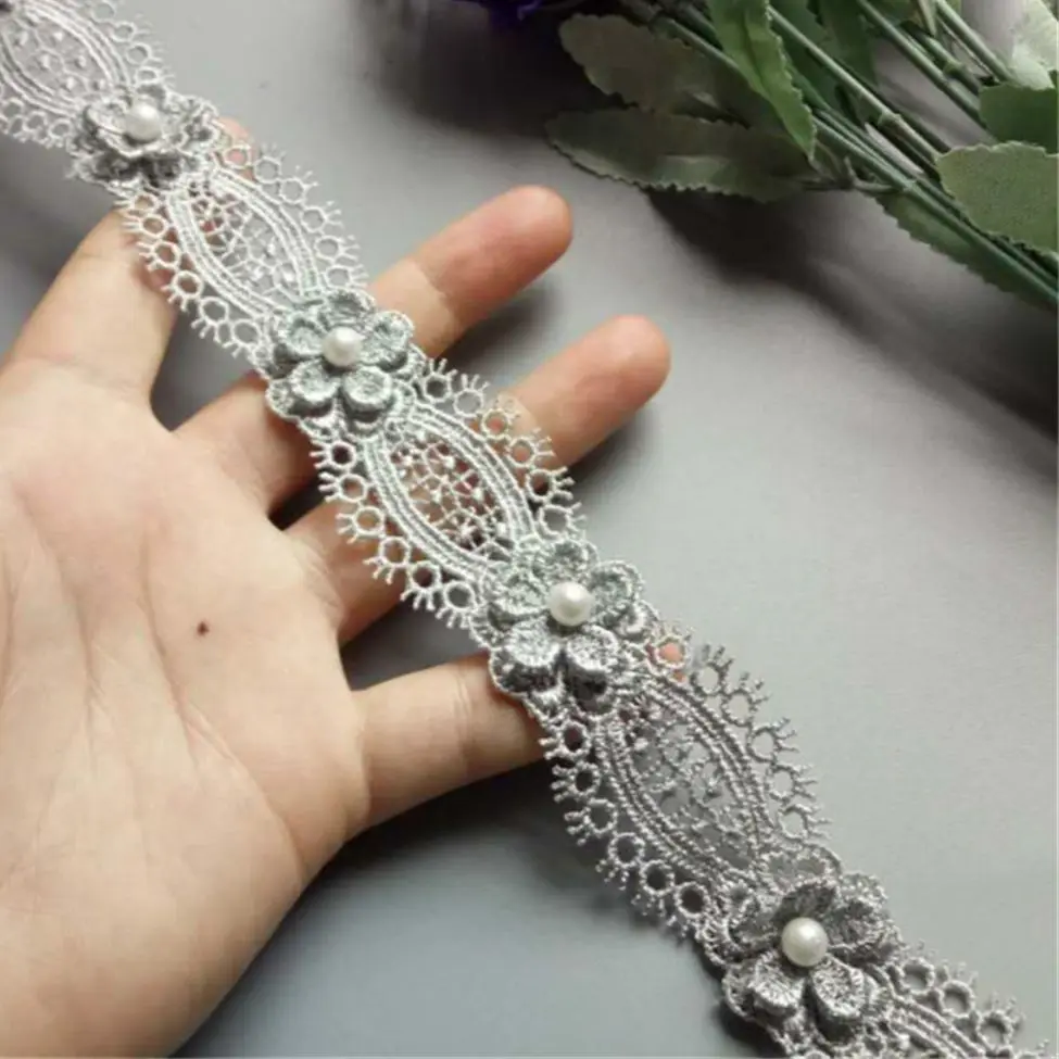 

2 Yard Gray Polyester Pearl Flower Embroidered Fabric Lace Trim Ribbon Handmade DIY Sewing Craft For Costume Hat Decoration