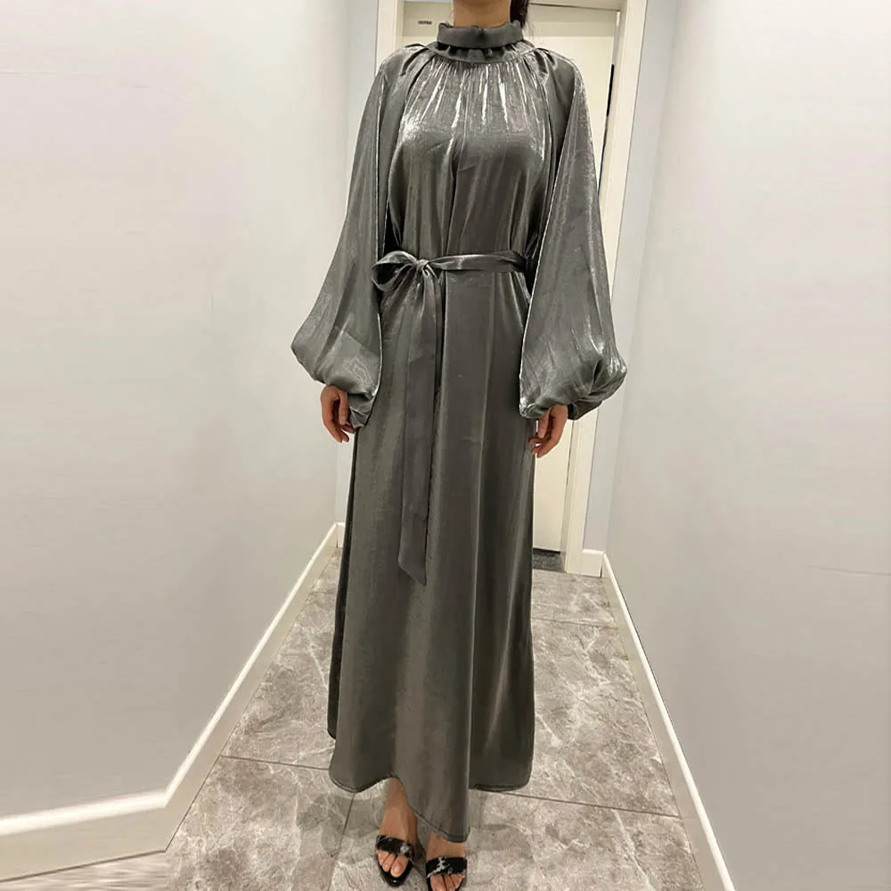 

Muslim Women's Dress Lantern Sleeve Middle Eastern Muslim Robe Dubai Turkey Islam Clothes Solid Casual Robe O-neck Muslim Abaya