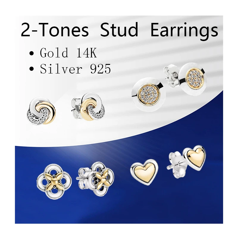 

Two Tones Ear Piercing Stud Earrings For Women 585 Gold 14K Silver 925 Original Fine Jewelry Zircon Stones Circles Hearts Flower