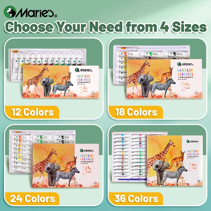 Marie's 12/18/24/36 Colors 5ml/Tube Artist Grade Gouache Paint Set with 1pc Paintbrush for Canvas,DIY Projects,Paper,Crafts 4