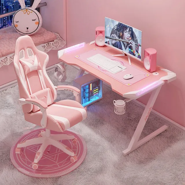 New Pink gaming table with RGB light fashion female anchor computer desk bedroom study desk girls boy black desk 100/120CM desk