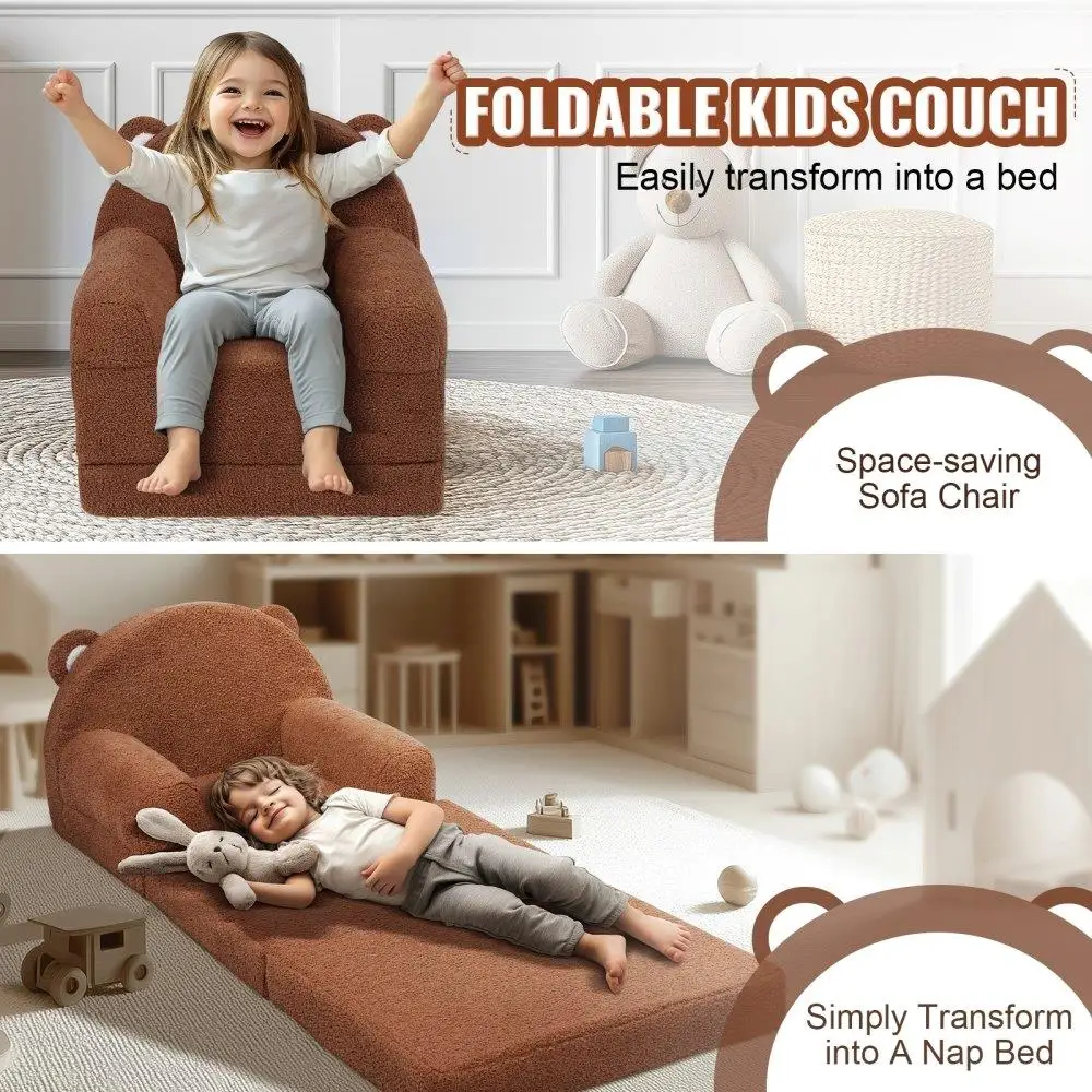 for kids Sofa Foldable 2-in-1 Toddler Chair Convertible Sofa Lounger Playroom Furniture Soft Comfy Brown 2