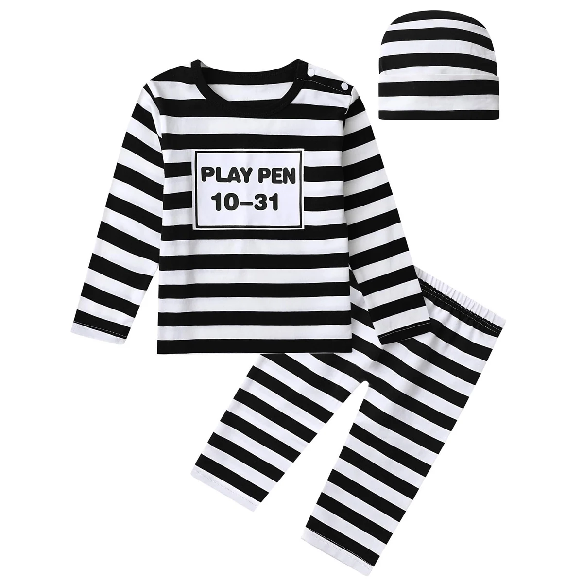 Halloween Baby Boys Prisoner Costume Convict Outfit Long Sleeve Black and White Striped Cospaly Clothes Set Toddler 3 PCS