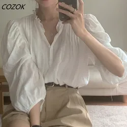 Autumn Chic Solid Loose Blouse Women Pleated Sweety Casual Office Blouse Long Sleeve Vintage Ladies Blouses