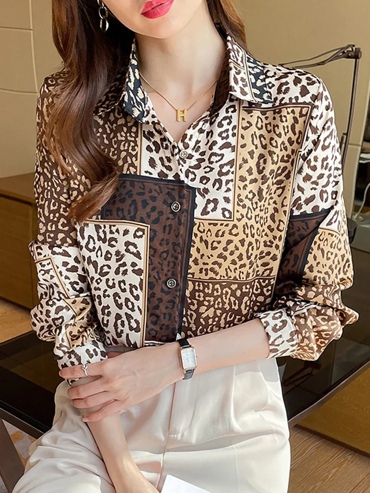 New Leopard Y2K Slim Women Shirt Street Loose Fashion Long-sleeved Shirt Female Simple Chiffon Ins Chicly Retro Woman Top