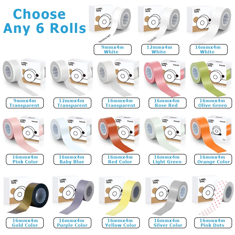 Description Picture 2 of item6Rolls MakeID L1 E1 Q1 Label Maker Tape 9mm 12mm 16mm (4meters/Roll)  Laminated Office Sticker